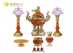 Bộ lư đồng thờ cúng khảm ngọc đỏ, giá bán đỉnh đồng cao cấp