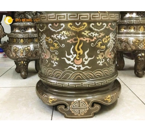 Bát hương đồng khảm ngũ sắc họa tiết rồng chầu mặt nguyệt, giá bán bát hương đồng
