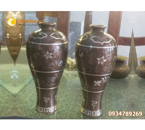 Bình hoa thờ cúng bằng đồng khảm tam khí cao 42cm