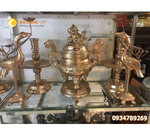 Bộ đỉnh đồng đỏ hoa sòi ngũ sự cao 50cm