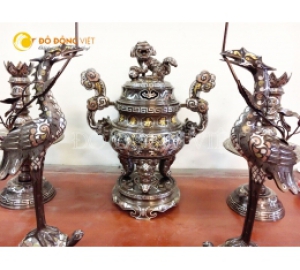 Bộ đỉnh đồng khảm ngũ sắc 5 chữ vàng đẹp tinh xảo của Đồ đồng Việt