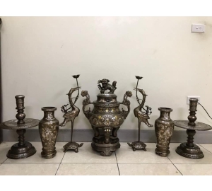 Bộ đỉnh đồng khảm ngũ sắc song long chầu nguyệt đẹp tinh xảo