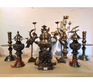 Bộ đỉnh đồng ngũ sự bằng đồng chạm sòi hun đen giả cổ