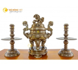 Bộ đỉnh đồng tam sự khảm ngũ sắc chạm sòi đẹp tinh xảo