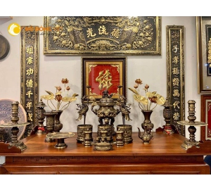 Bộ đỉnh đồng thất sự song long chầu nguyệt bằng đồng vàng mài công nghệ