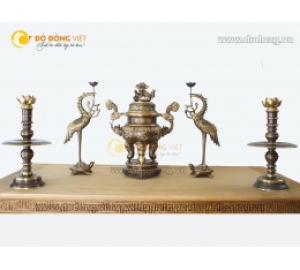 Bộ đỉnh đồng thờ cúng dơi ngậm tiền tài cao 60cm