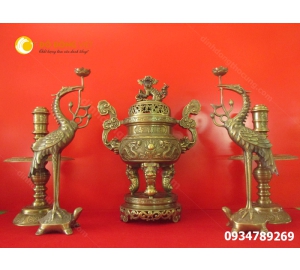 Bộ đỉnh đồng thờ cúng  hun màu ngũ sự cao 65 cm