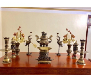 Bộ đỉnh ngũ sự bằng đồng đỏ cao 70 cm