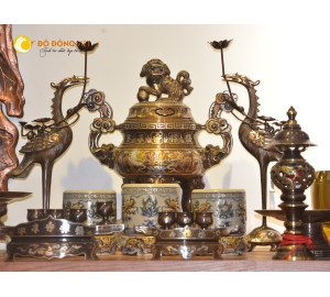 Bộ đỉnh đồng thờ cúng khảm ngũ sắc cao 55cm