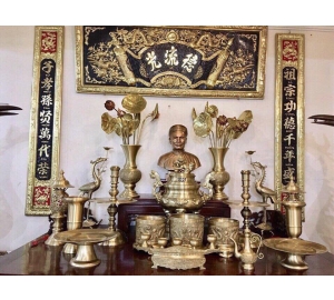 Bộ đồ thờ đầy đủ phụ kiện bằng đồng vàng, giá bán đồ thờ bằng đồng