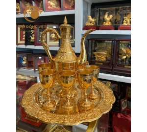 Bộ ly bằng đồng mạ vàng 24k đẹp tinh xảo, giá bán bộ ly chén đồng