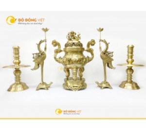 Bộ ngũ sự bằng đồng cattut song long chầu nguyệt KT 60 cm