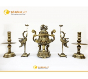 Bộ ngũ sự bằng đồng song long chầu nguyệt cho ban thờ 1m97 2m17 kích thước 70 cm