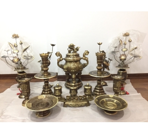 Bộ ngũ sự đỉnh đồng hoa sòi tai mây hun giả cổ cao 60 cm