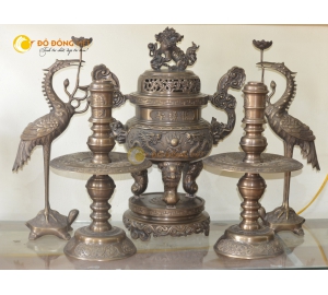 Bộ đỉnh đồng thờ cúng ngũ sự hun giả cổ cao 60cm