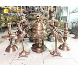 Bộ ngũ sự đồng đỏ hoa sòi tai mây khắc chữ phúc lộc thọ