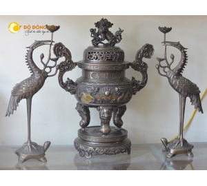 Bộ đỉnh đồng thờ cúng tam sự đỉnh hạc hun giả cổ cao 60cm