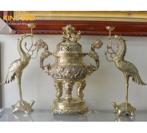 Bộ đỉnh đồng tam sự đỉnh hạc bằng đồng vàng cao 60cm