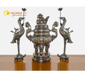 Giá bán bộ đỉnh đồng tam sự đỉnh hạc khảm ngũ sắc 5 chữ  vàng