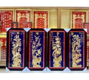 Bộ tranh Tứ Quý 4 bức Tùng Cúc Trúc Mai nền xanh khổ 100 x 40 cm