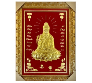 Bức tranh Quan Thế Âm Bồ Tát bằng đồng vàng nền đỏ, mạ vàng 24k
