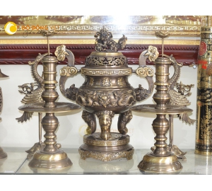 Bộ đỉnh đồng ngũ sự song long chầu nguyệt hun giả cổ 