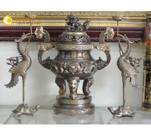 Bộ tam sự đỉnh hạc song long chầu nguyệt hun giả cổ cao 70cm