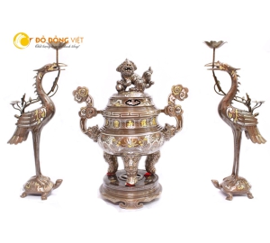 Đỉnh đồng khảm ngũ sắc 5 chữ vàng, đồ thờ cúng đỉnh đồng tam sự