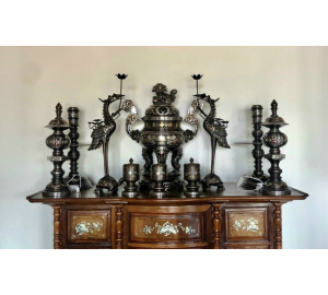 Đỉnh đồng khảm ngũ sắc, bộ đỉnh đồng thờ cúng khảm ngũ sắc cao 50 cm