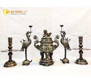 Bộ đỉnh đồng thờ cúng cao cấp khảm ngũ sắc 5 chữ vàng