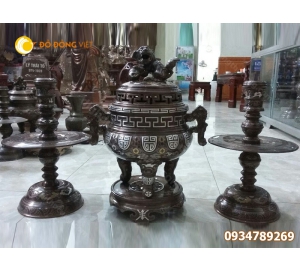 Đỉnh đồng thờ cúng khảm ngũ sắc tai cui cao 60cm