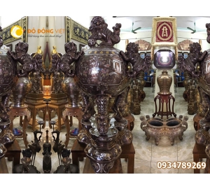 Đỉnh đồng thờ cúng khảm ngũ sắc thất lân vờn cầu, đỉnh 7 con nghê đẹp.