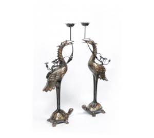 Đôi Hạc Đồng Đỏ Khảm Vàng Bạc Cao Cấp 