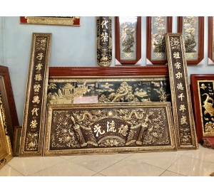 Hoành phi câu đối bằng đồng vàng giả cổ, giá bán hoành phi câu đối