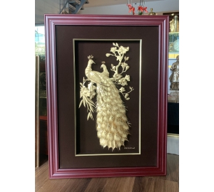 Quà mừng cưới độc đáo- tranh chim công hoa mai vàng lá 24k