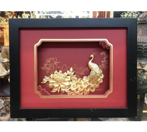 Tranh chim công hoa mẫu đơn vàng lá 24k làm quà tặng 20-10