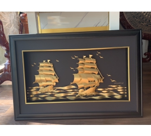 Tranh đôi thuyền thuận buồm xuôi gió vàng lá 24k cao cấp