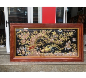 Tranh đồng vinh hoa phú quý bằng đồng đỏ mặt kính khung gỗ sồi