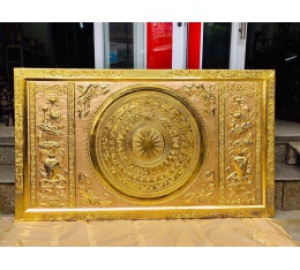 Tranh mặt trống đồng hoa sen bằng đồng liền tấm mạ vàng đẹp tinh xảo