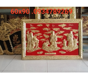 Tranh phúc lộc thọ bằng đồng liền mê khung đồng đúc nổi