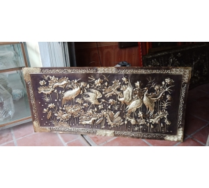 Tranh sen hạc bằng đồng liền tấm hun màu giả cổ