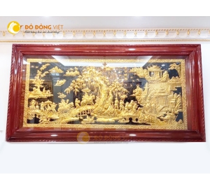 Tranh vinh quy bái tổ bằng đồng treo phòng khách mạ vàng 24k