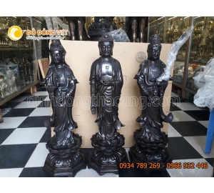 Tượng tam thế phật bằng đồng hun màu cổ cao 81cm