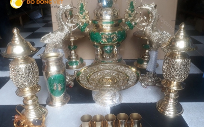 Bộ lư đồng khảm ngọc xanh đẹp, đỉnh đồng thờ cúng cao cấp